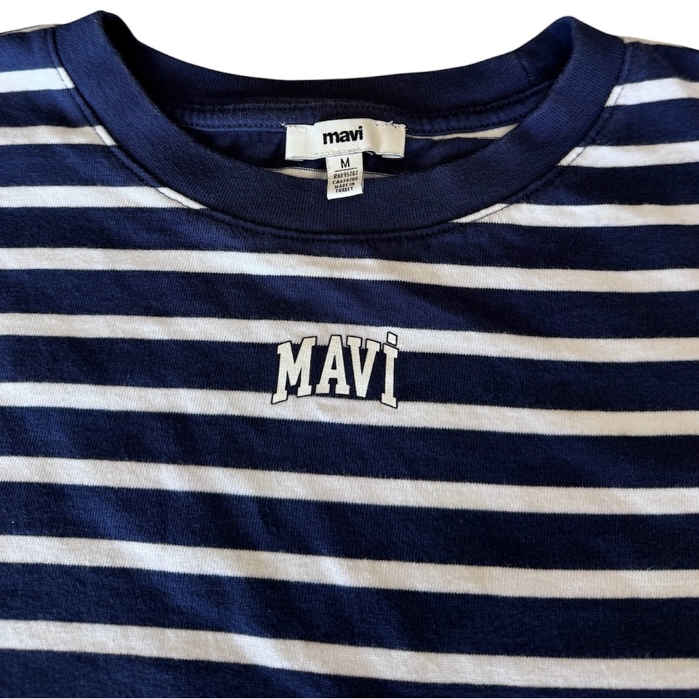 🛍️SALE🛍️ Mavi Logo Printed Striped Navy Blue Crop T-shirt Crop / Short Sleeves - Picture 5 of 7